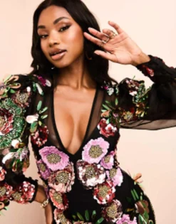 ASOS LUXE V-neck Sheer Mini Dress With Placement Embellished Flowers In Black Floral -RIVER ISLAND || PULL & BEAR || ONLY Sales Store 205082460 3