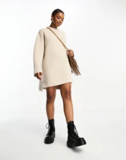 The Frolic Soft Oversized High Neck Jumper Dress In Cream