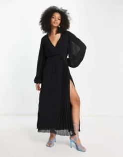 ASOS DESIGN Pleated Dobby Chiffon Wrap Button Detail Maxi Dress In Black