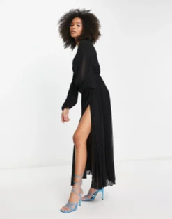 ASOS DESIGN Pleated Dobby Chiffon Wrap Button Detail Maxi Dress In Black -RIVER ISLAND || PULL & BEAR || ONLY Sales Store 205105033 4