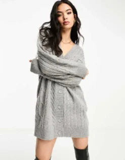 ASOS DESIGN Cable Cardigan Mini Dress In Grey