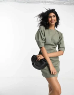 ASOS DESIGN Pleated Banana Sleeve Twill Mini Dress In Dark Green