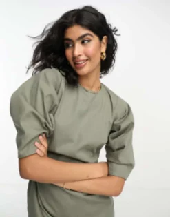 ASOS DESIGN Pleated Banana Sleeve Twill Mini Dress In Dark Green -RIVER ISLAND || PULL & BEAR || ONLY Sales Store 205137552 3