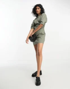 ASOS DESIGN Pleated Banana Sleeve Twill Mini Dress In Dark Green -RIVER ISLAND || PULL & BEAR || ONLY Sales Store 205137552 4