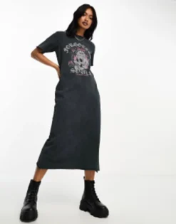 ASOS DESIGN Midi T-shirt Dress With Skull Graphic In Washed Charcoal