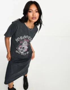 ASOS DESIGN Midi T-shirt Dress With Skull Graphic In Washed Charcoal -RIVER ISLAND || PULL & BEAR || ONLY Sales Store 205142016 4