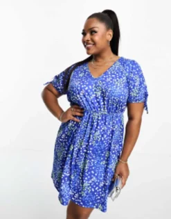 Yours Mini Tunic Dress With Tie Sleeve In Blue Ditsy Floral