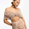 ASOS DESIGN Two In One Fallen Shoulder Plisse Maxi Dress In Stone