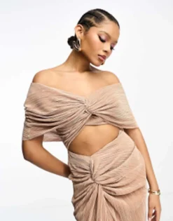 ASOS DESIGN Two In One Fallen Shoulder Plisse Maxi Dress In Stone