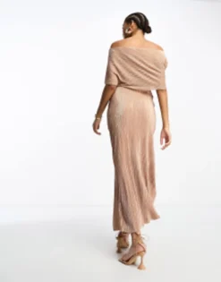 ASOS DESIGN Two In One Fallen Shoulder Plisse Maxi Dress In Stone -RIVER ISLAND || PULL & BEAR || ONLY Sales Store 205163296 4