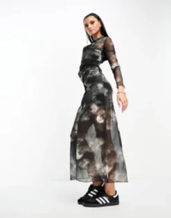 Noisy May Mock Neck Moon Print Mesh Dress In Black -RIVER ISLAND || PULL & BEAR || ONLY Sales Store 205168151 3