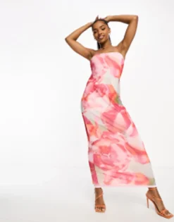 ASOS DESIGN Reversible Bandeau Summer Maxi Dress In Blurred Floral