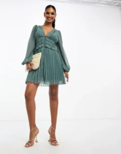 ASOS DESIGN Button Through Ruched Waist Pleated Mini Dress In Green Floral Print -RIVER ISLAND || PULL & BEAR || ONLY Sales Store 205173544 1 softkhaki