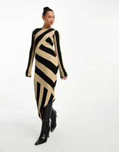 & Other Stories Knitted Asymmetric Midi Dress In Beige And Black Stripe