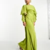ASOS DESIGN Long Sleeve Ruffle Bias Maxi Dress With Cape Detail In Olive Green