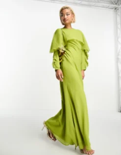 ASOS DESIGN Long Sleeve Ruffle Bias Maxi Dress With Cape Detail In Olive Green