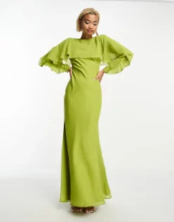 ASOS DESIGN Long Sleeve Ruffle Bias Maxi Dress With Cape Detail In Olive Green -RIVER ISLAND || PULL & BEAR || ONLY Sales Store 205182304 4