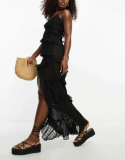 Miss Selfridge Beach Doby Chiffon Bias Ruffle Side Split Maxi Dress In Yellow -RIVER ISLAND || PULL & BEAR || ONLY Sales Store 205186514 1 black