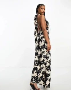 In The Style X Georgia Louise Cowl Neck Fishtail Maxi Dress In Mono Print