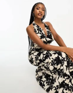 In The Style X Georgia Louise Cowl Neck Fishtail Maxi Dress In Mono Print -RIVER ISLAND || PULL & BEAR || ONLY Sales Store 205192282 4