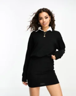 ASOS DESIGN Petite Supersoft Mini Dress With Collar Detail And Bodycon Skirt In Black -RIVER ISLAND || PULL & BEAR || ONLY Sales Store 205192797 3