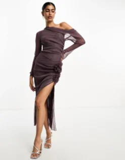 ASOS DESIGN Glittery Sheer Shimmery Knit Midi Dress With Corsage In Purple