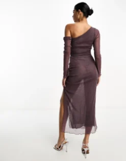 ASOS DESIGN Glittery Sheer Shimmery Knit Midi Dress With Corsage In Purple -RIVER ISLAND || PULL & BEAR || ONLY Sales Store 205193031 3