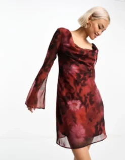 ASOS DESIGN Cowl Neck Flute Sleeve Chiffon Mini Dress In Dark Floral