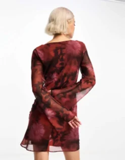 ASOS DESIGN Cowl Neck Flute Sleeve Chiffon Mini Dress In Dark Floral -RIVER ISLAND || PULL & BEAR || ONLY Sales Store 205195298 3