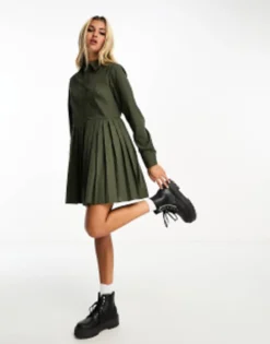 Miss Selfridge Poplin Pleated Shirt Dress In Khaki