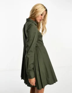 Miss Selfridge Poplin Pleated Shirt Dress In Khaki -RIVER ISLAND || PULL & BEAR || ONLY Sales Store 205205694 4