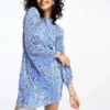 ASOS DESIGN Mini Plisse Dress With Flared Sleeve In Blue Ditsy