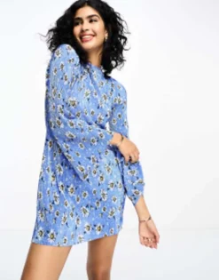 ASOS DESIGN Mini Plisse Dress With Flared Sleeve In Blue Ditsy