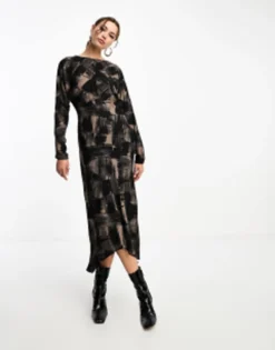& Other Stories Midaxi Dress With Trapeze Hem In Brush Print