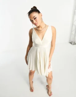 Abercrombie & Fitch Dropped Waist Pleated Mini Dress In White