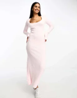 ASOS DESIGN Fluffy Scoop Neck Midi Dress With Flared Sleeve In Baby Pink