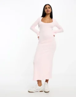 ASOS DESIGN Fluffy Scoop Neck Midi Dress With Flared Sleeve In Baby Pink -RIVER ISLAND || PULL & BEAR || ONLY Sales Store 205231756 4