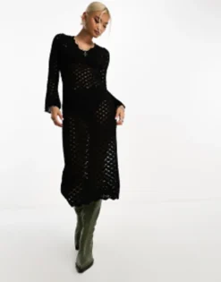 ASOS DESIGN Knitted Long Sleeve Maxi Dress In Pointelle Stitch In Black