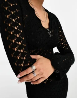 ASOS DESIGN Knitted Long Sleeve Maxi Dress In Pointelle Stitch In Black -RIVER ISLAND || PULL & BEAR || ONLY Sales Store 205232165 3