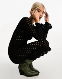 ASOS DESIGN Knitted Long Sleeve Maxi Dress In Pointelle Stitch In Black -RIVER ISLAND || PULL & BEAR || ONLY Sales Store 205232165 4