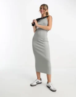 PULL & BEAR Pull&Bear Racer Neck Midaxi Dress In Grey