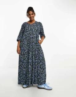 Yours Balloon Sleeve Maxi Dress In Blue Floral