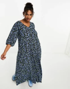 Yours Balloon Sleeve Maxi Dress In Blue Floral -RIVER ISLAND || PULL & BEAR || ONLY Sales Store 205278029 4