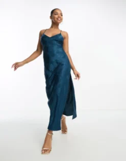 Miss Selfridge Satin Jacquard Lace Back Maxi Dress In Navy