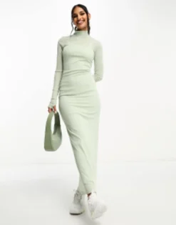 ASOS DESIGN Mesh High Neck Maxi Dress In Sage -RIVER ISLAND || PULL & BEAR || ONLY Sales Store 205296724 3
