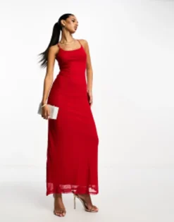 ASOS DESIGN Mesh Cami Maxi Dress With Cross Back In Red
