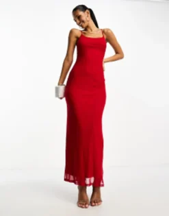 ASOS DESIGN Mesh Cami Maxi Dress With Cross Back In Red -RIVER ISLAND || PULL & BEAR || ONLY Sales Store 205299007 3