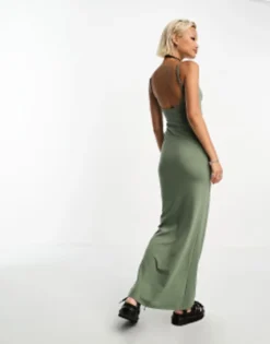 Bershka Strappy Soft Touch Shaping Maxi Dress In Khaki -RIVER ISLAND || PULL & BEAR || ONLY Sales Store 205314252 4