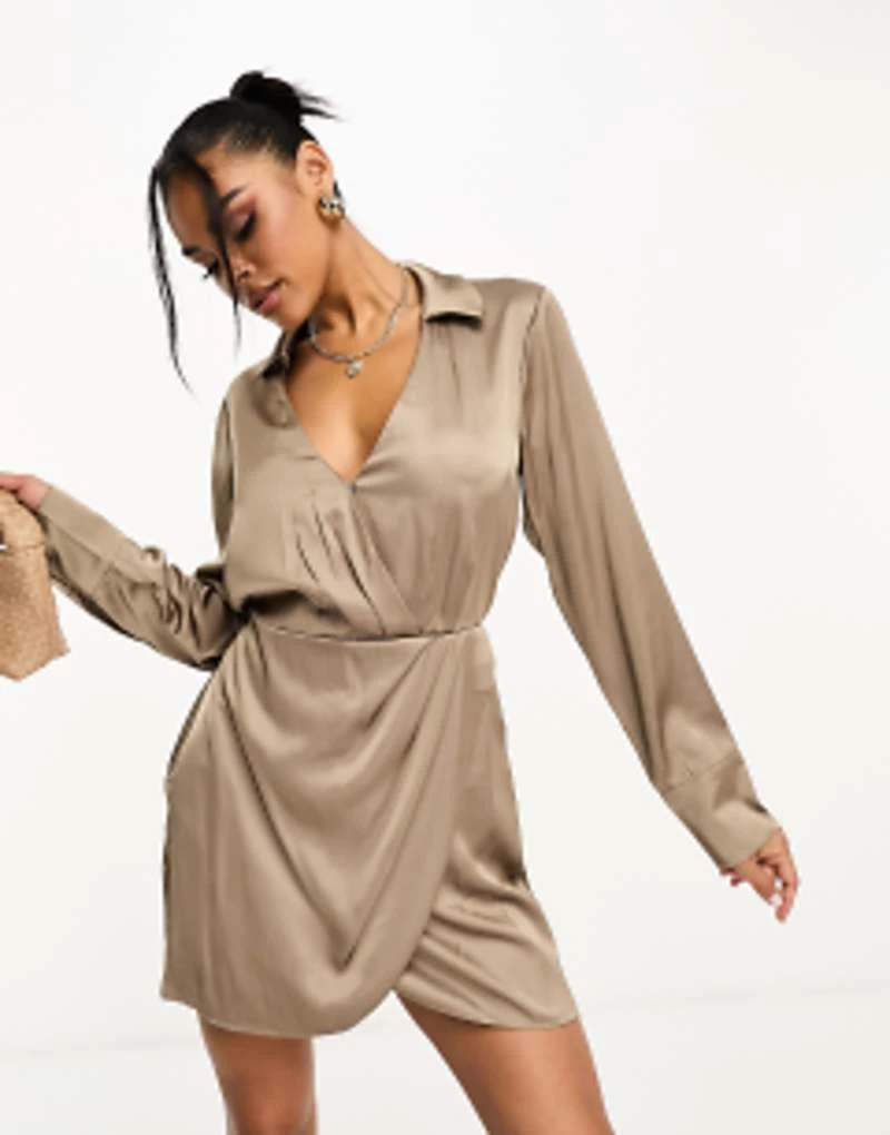 Abercrombie & Fitch Draped Satin Shirt Dress In Mink 1 Abercrombie & Fitch Draped Satin Shirt Dress In Mink