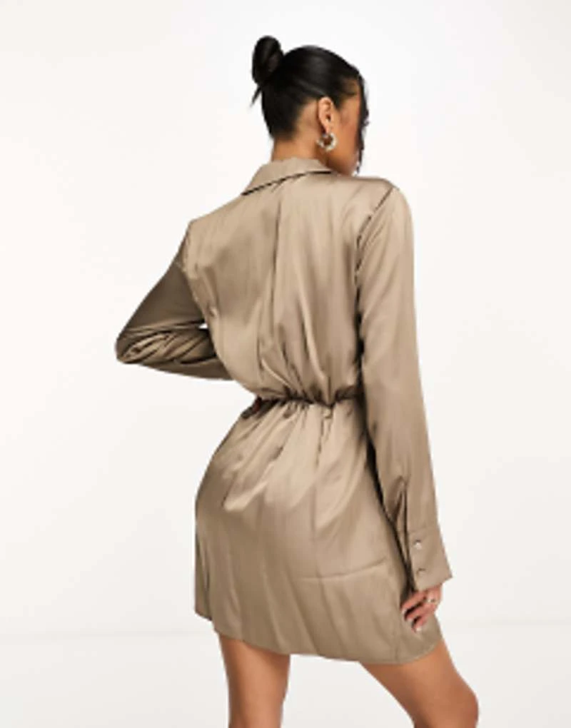 Abercrombie & Fitch Draped Satin Shirt Dress In Mink 4 Abercrombie & Fitch Draped Satin Shirt Dress In Mink - Image 4